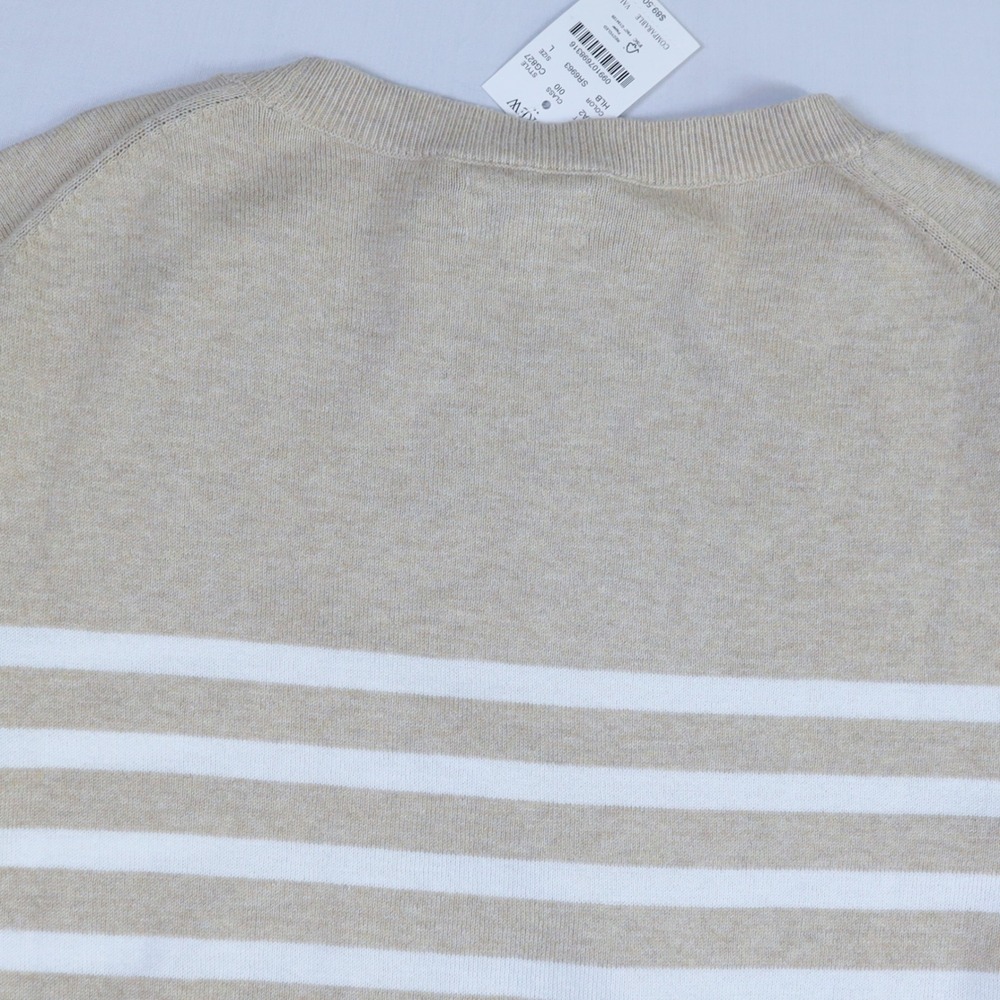 J.Crew Teddie Sweater Womens Large Tan White Striped Cotton Crewneck Coastal NWT - Picture 11 of 12